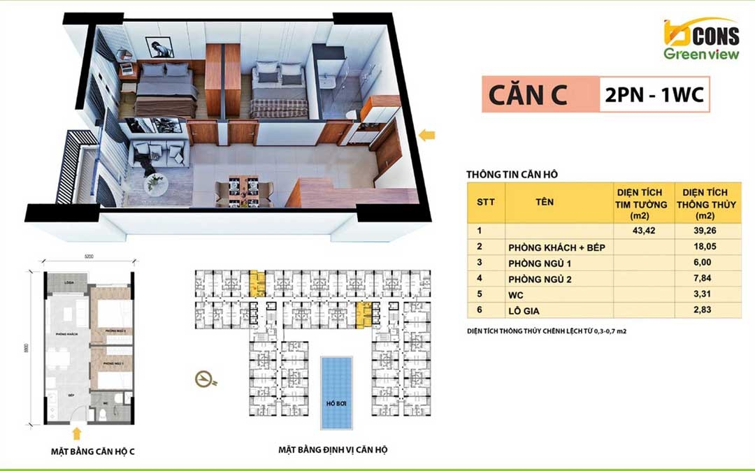 Căn 2 phòng ngủ 1 WC Bcons Green View