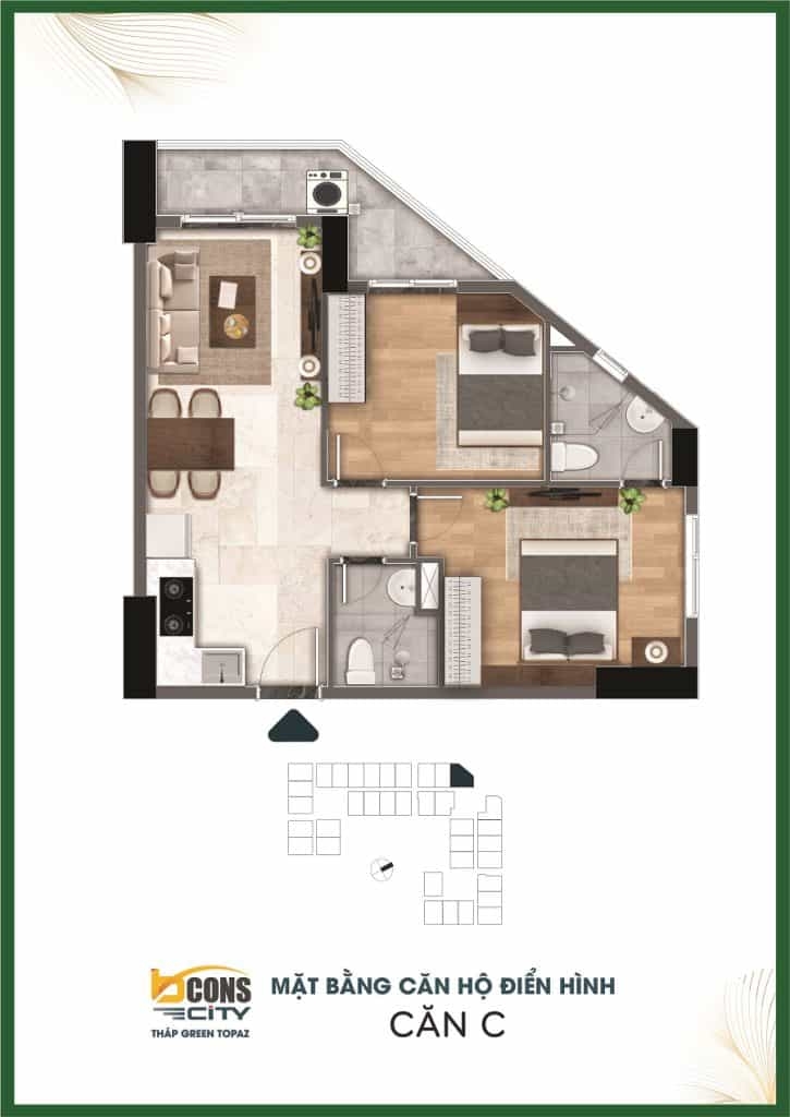 Căn hộ 64m2 Green Topaz