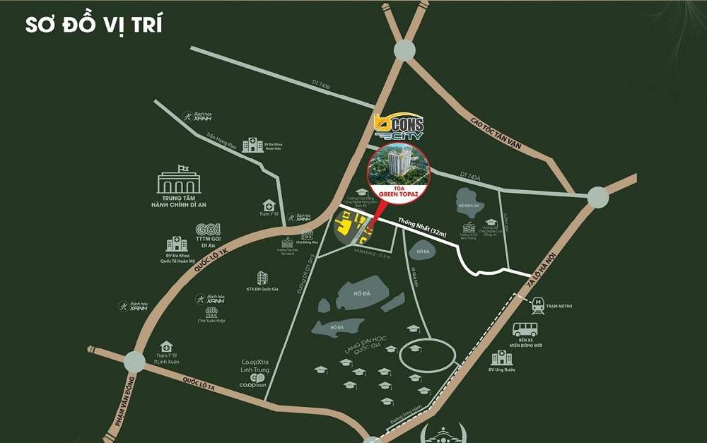 Vị trí tháp Green Topaz Bcons City tại mặt tiền đường Thống Nhất
