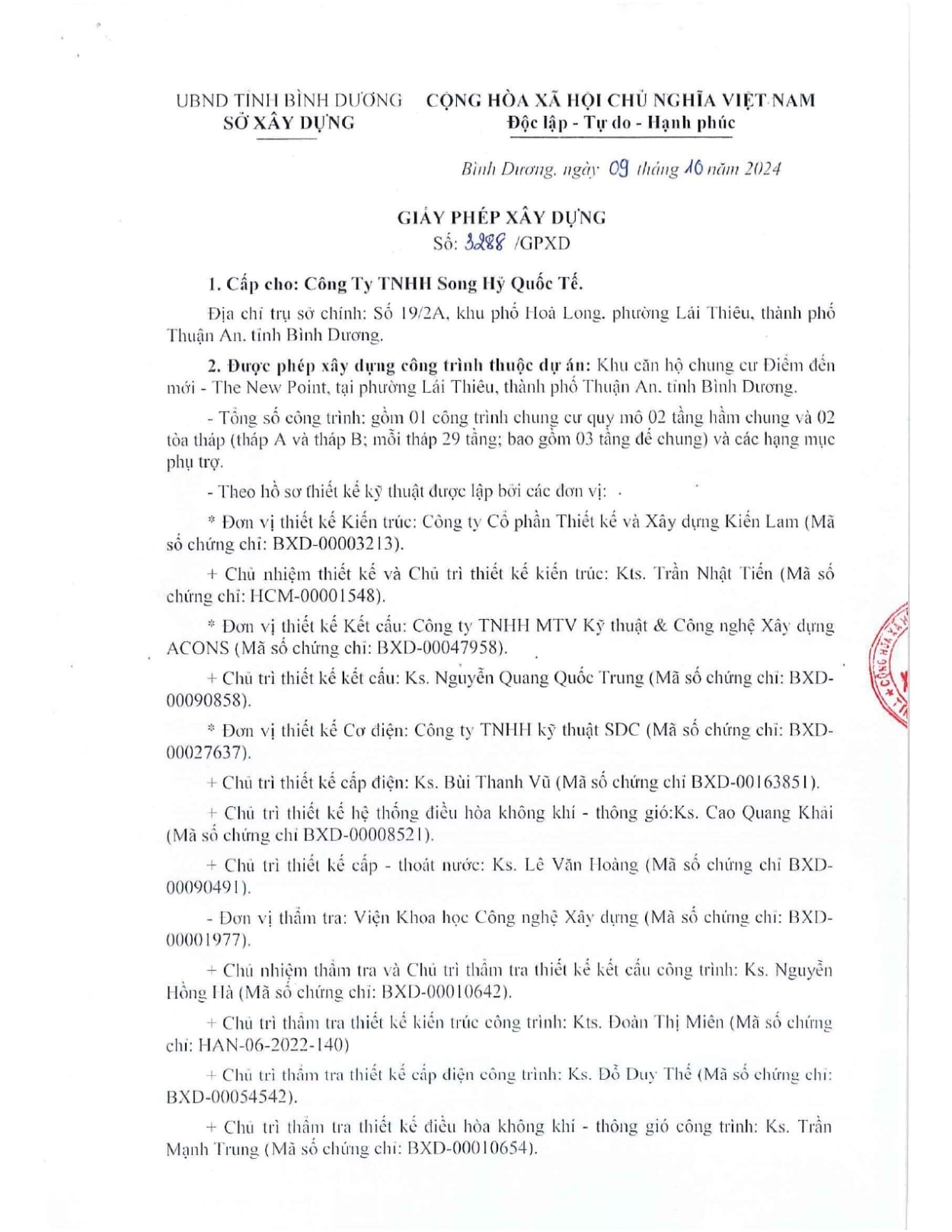 Giấy phép xây dựng số 3288 của dự án Bcons New Sky