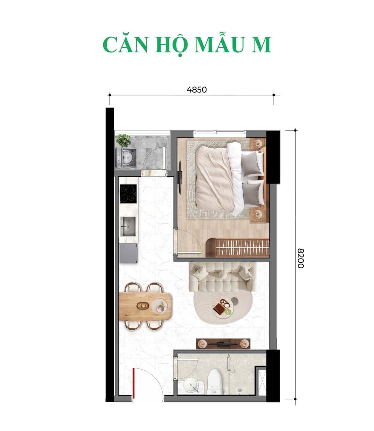 Mặt bằng thiết kế căn hộ 1 phòng ngủ Bcons Newsky