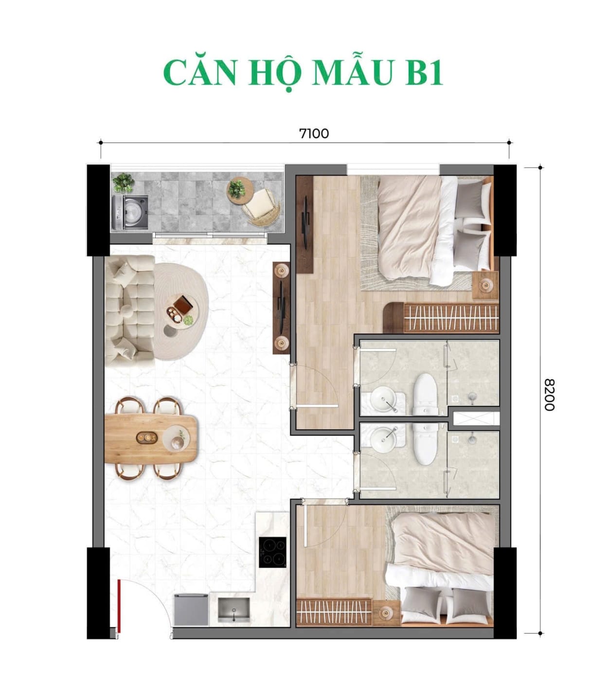 Phối cảnh 3D căn hộ 2 phòng ngủ hiện đại