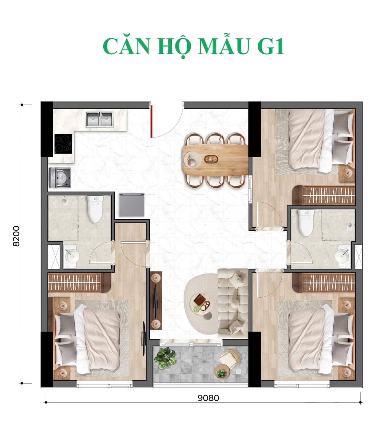 Thiết kế chi tiết căn hộ 3 phòng ngủ Bcons Newsky