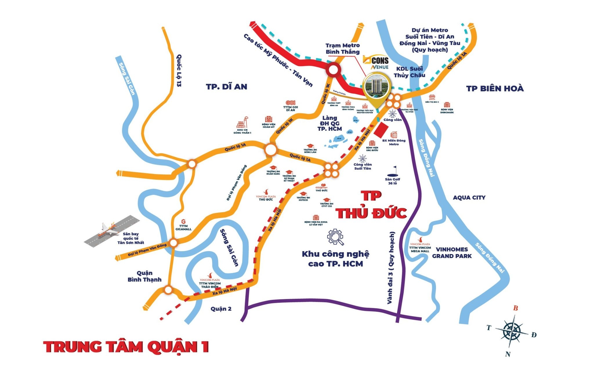 Sơ đồ vị trí dự án Bcons Avenue trên trục Xa Lộ Hà Nội