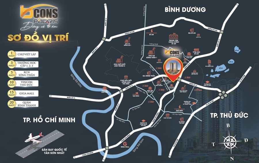 Sơ đồ vị trí đắc địa của dự án Bcons Polaris kết nối Phạm Văn Đồng