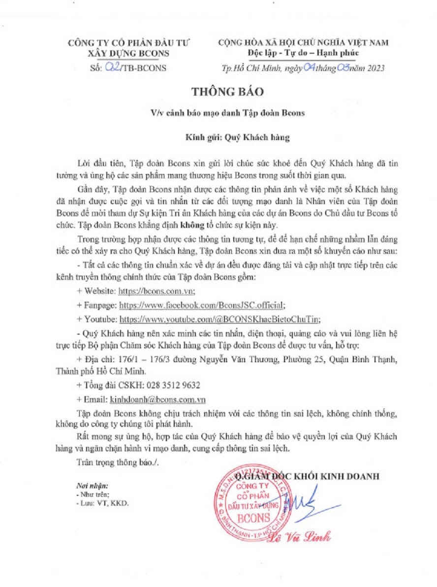 Văn bản thông báo từ công ty Bcons cảnh báo mạo danh