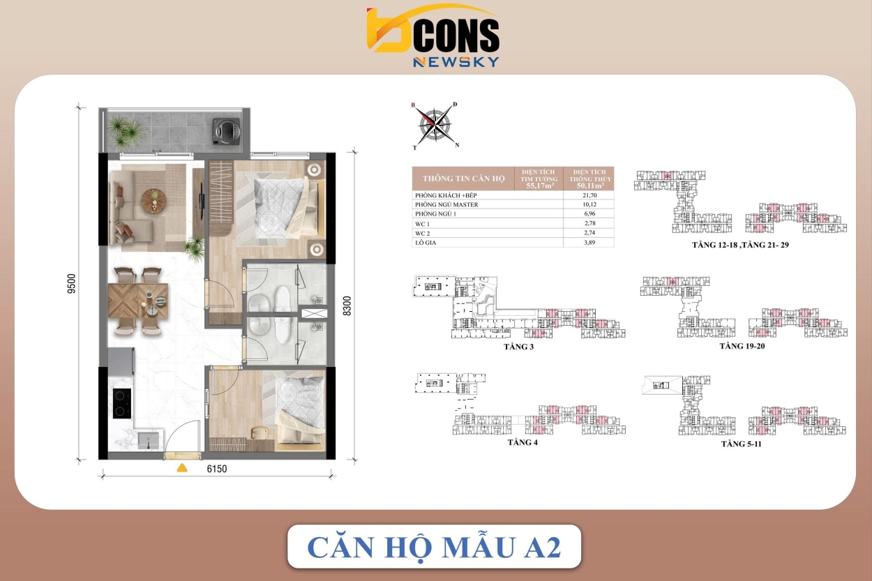 Thiết kế căn hộ mẫu A2 Bcons NewSky