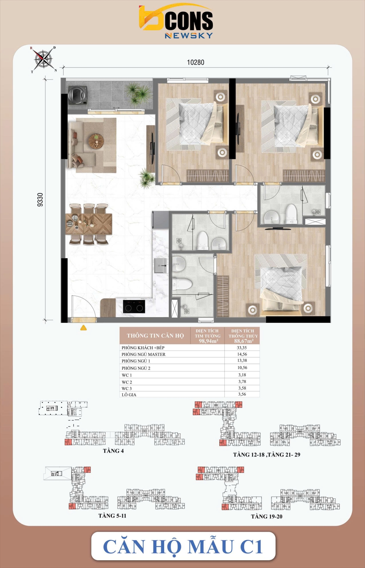 Thiết kế căn hộ mẫu C1 Bcons NewSky