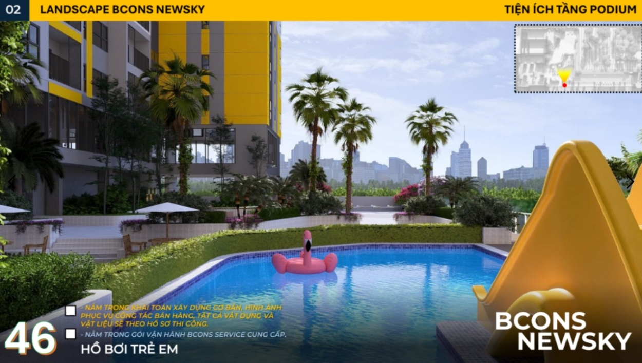 Thiết kế hồ bơi kết hợp mảng xanh thư giãn dự án Bcons NewSky