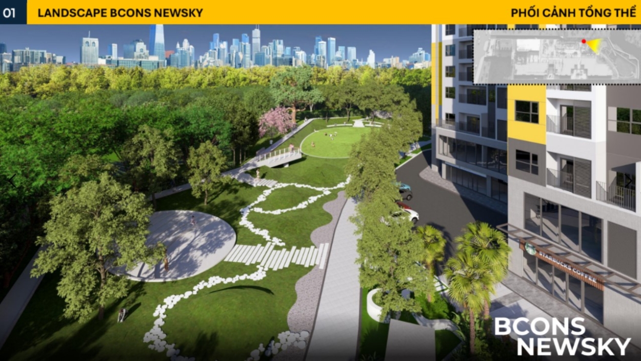 Không gian cảnh quan xanh mát tại công viên Bcons New Sky